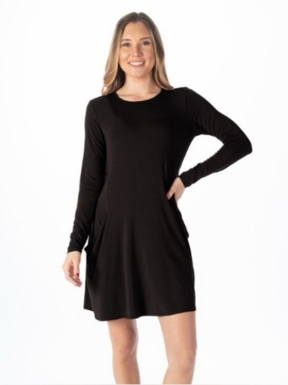 Betabrand Black Long Sleeve Swing Dress Pockets Minimal Stretchy XS
